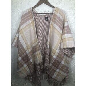 Steve Madden Womens Open Front Reversible Plaid Poncho OS Beige Combo Shawl Wrap